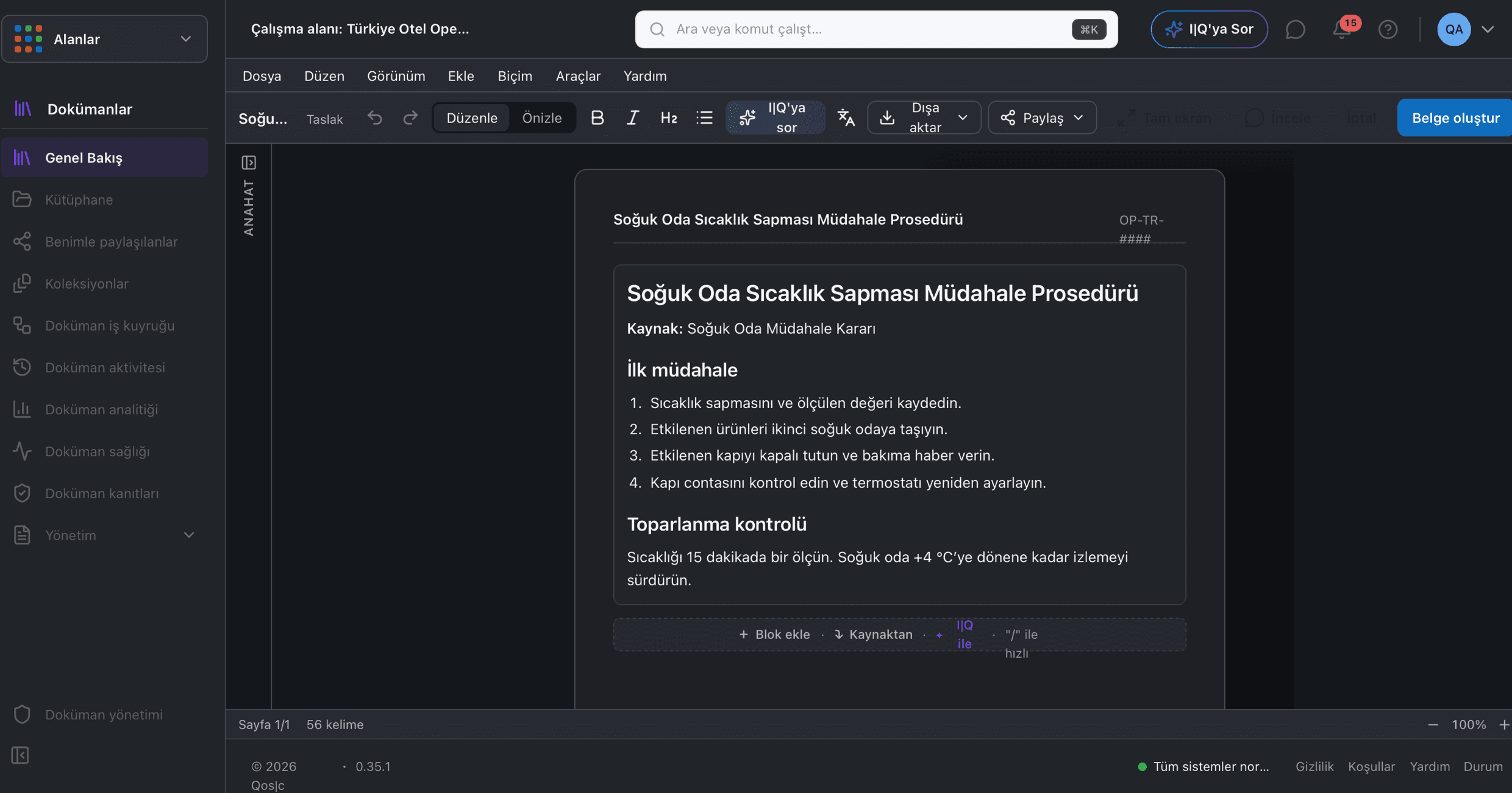 QOS Document Studio ekranında bir Thread kaynağından oluşturulan Türkçe operasyon prosedürü taslağı