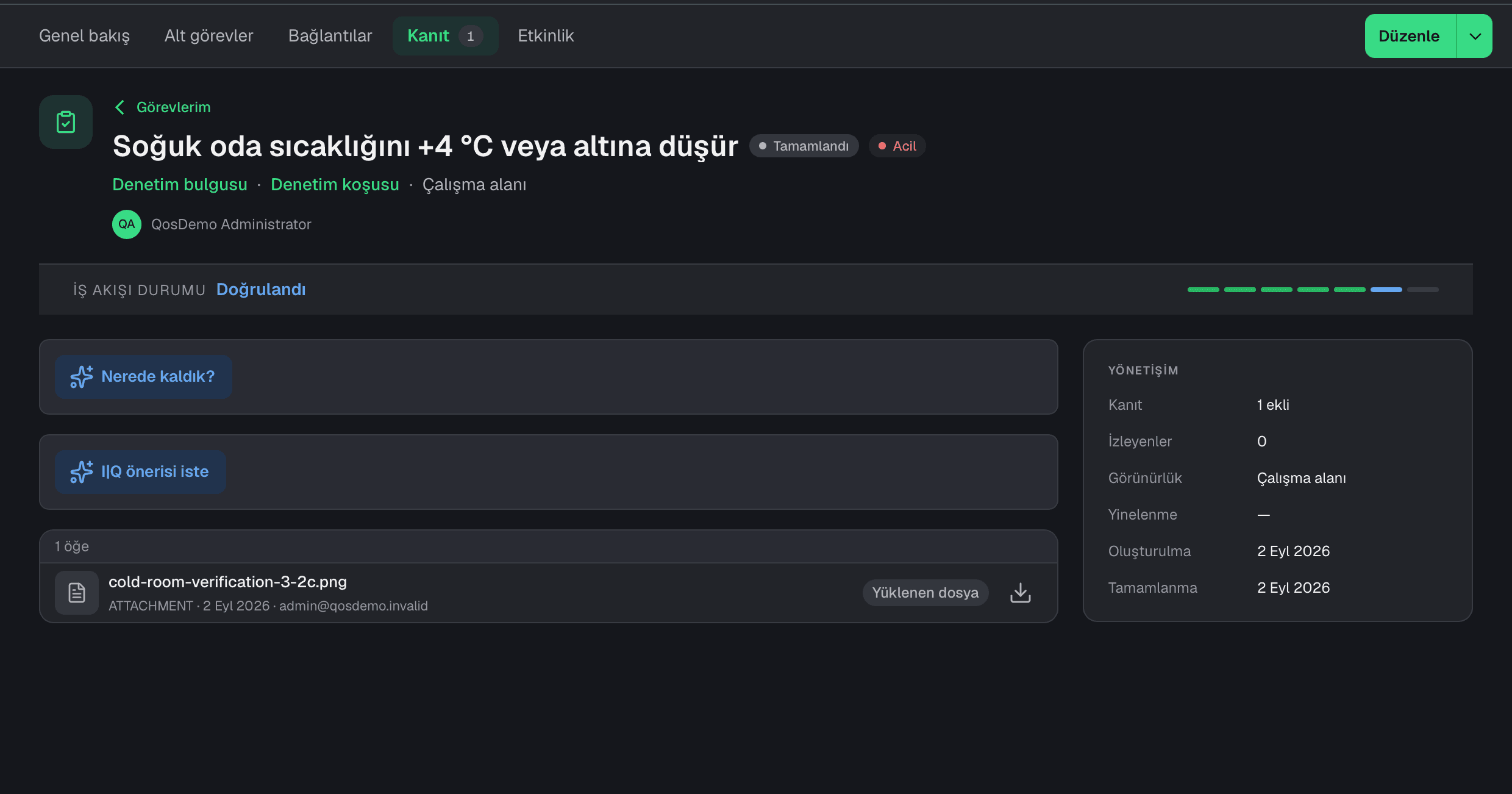 QOS içinde doğrulanmış ve tamamlanmış soğuk oda aksiyonu ile ekli kapanış kanıtı