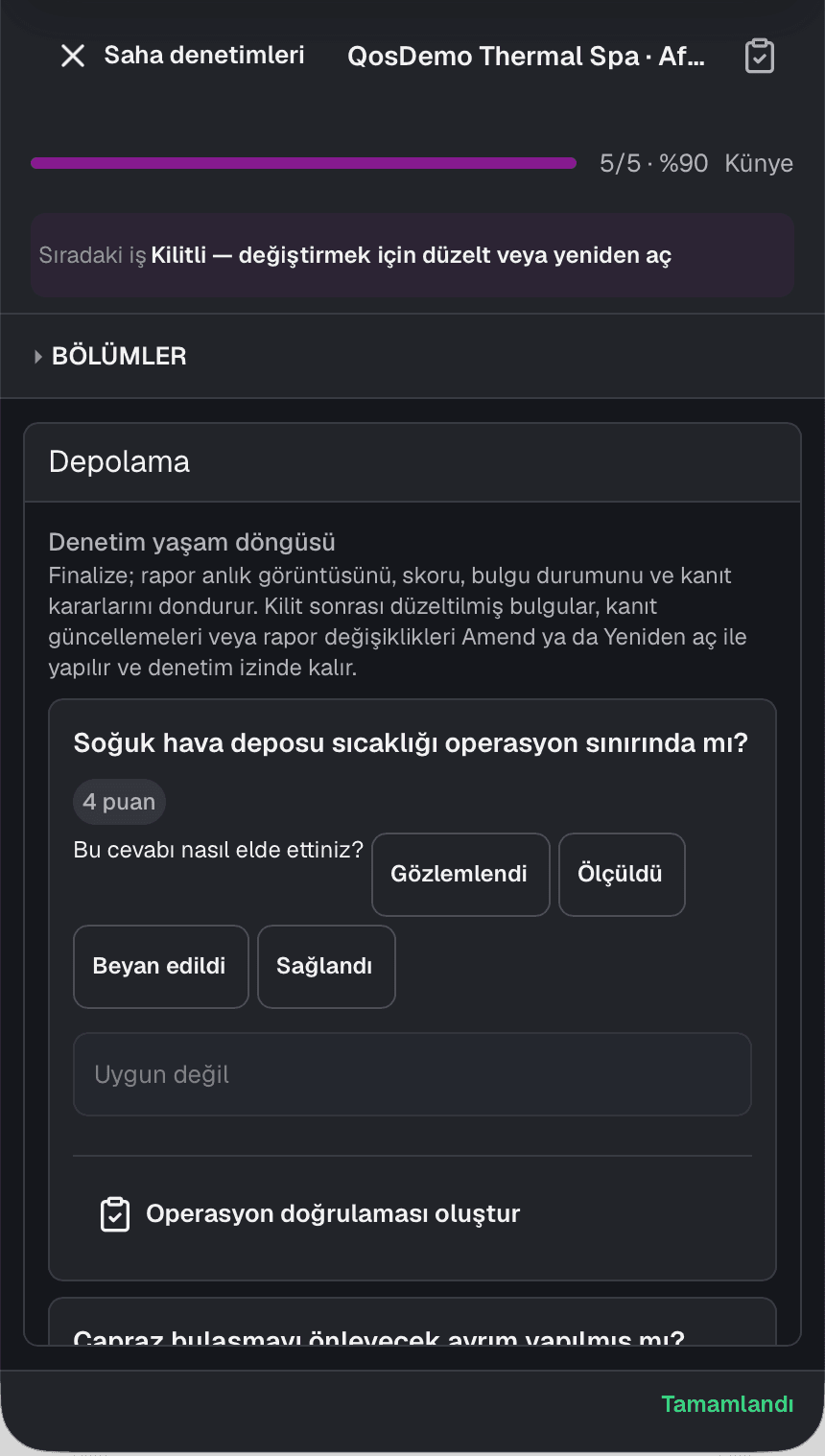 QOS mobil saha ekranında kilitli soğuk oda kontrolü ve gözlem ya da ölçüm kaynağı seçenekleri